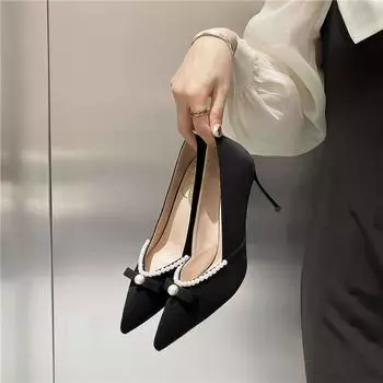 Shoes for Women 2024 Stilito with Medium Heels Ladies Summer Footwear Pointed Toe Bow Evening Pearl on Sale Young Chic Point E A 34
