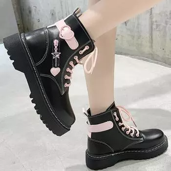 Shoes for Women 2024 Winter Plush Warm Women Boots Mixed Colors Round Toe Lace Up Heart Buckle Mid Heel Water Proof Shoes Women 35 чёрный
