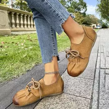 Shoes for Women High Quality Front Lace-up Women s Flats Fashion Round Toe Daily Flats Women New Plus Size Flat Low Heels 36 бежевый