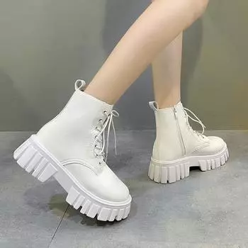 Shoes for Women High Quality Winter Women s Boots Solid Color Round Toe Mid Heel Water Proof Lace Up Zipper Fashion Boots 35 белый