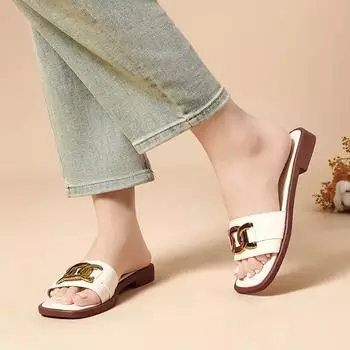 Shoes for Women Open Toe Women s Slippers Outdoor Beach Slippers Women Metal Decoration Square Toe Low Flat with Sandals 35