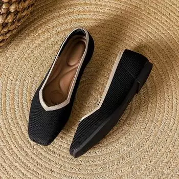 Shoes single shoes women 2025 square head flat bottom shallow mouth fly weaving flat bottom woven shoes women 34 чёрный