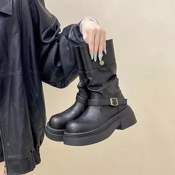 Short boots thick heel thick sole medium boots autumn and winter design sense retro leather boots foldable women s fashion boots 35