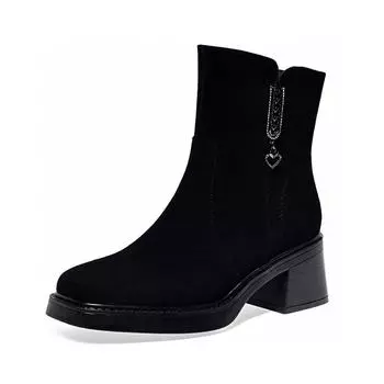 Short boots women s autumn and winter new round head thick heel fashion boots rhinestone love side zipper leather boots cotton boots 34