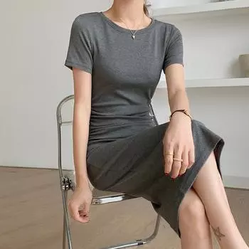 Short-sleeved Dress Slimming Midlength Summer Tight Dress Women S чёрный