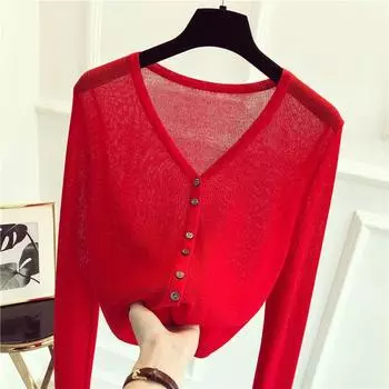Short Summer Cardigan Long Sleeves Ice Silk Sun Protection Shirt Air Conditioning Shirt with Skirt Outer Shawl Female Knitwear Red Red In Stock One size