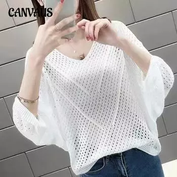 Short Tops Spring and Summer V-neck Bat Sleeve T-shirt Cover-up Loose Hollowed Knitwear
