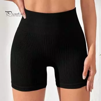 Шорты для йоги Slim Fit Высокая эластичность Контроль живота Бесшовная нить Сплошной цвет Приподнятые ягодицы Мягкие спортивные шорты с высокой талией для бега Бег S чёрный