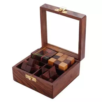 Shriji Crafts 4-в-1 набор деревянных головоломок 3D-головоломки премиум-класса элегантное украшение для игр с прозрачной крышкой 5X5X2.5 INCHES коричневый