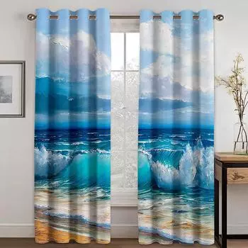 Шторы Blue Beach Ocean, красные облака, романтика, снежные горы, 2 шт., гостиная, спальня, кухня, балкон, декоративные шторы 50W130H(CM)X2PCS&Grommet Top