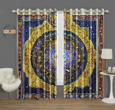 Шторы Mystic Zodiac, 2 панели, 3D-принт, солнцезащитный блок, золотой, синий, магический узор, спальня, гостиная, декор, звездное астрологическое искусство 50W60H(CM)X2PCS&Grommet Top