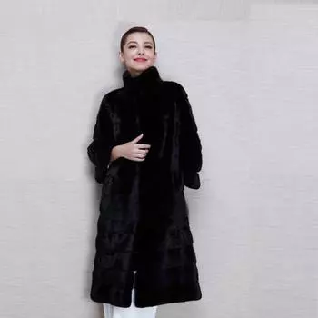 Шуба из норки Haining, женская одежда, средняя и длинная, черная, модная, воротник-стойка, норковая шуба, шуба S чёрный
