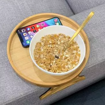 Side Tables Round Tray Foldable Natural Bamboo Sofa Armrest Clip-On for Remote Drinks Cup Bowl Practical TV Snack Tray Creative