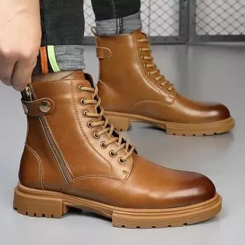 Side zipper Martin boots men s high-top British style leather tooling locomotive boots autumn and winter heightening velvet warm boots 38