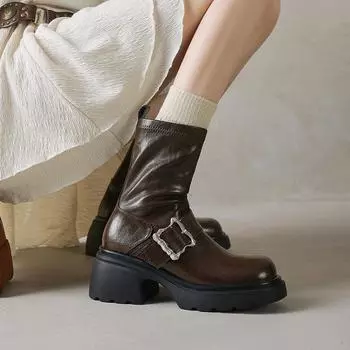 Side Zipper Short Boots Women S Round Head Elastic Thin Boots Belt Buckle Thick Sole Height Small Medium Boots 34 коричневый