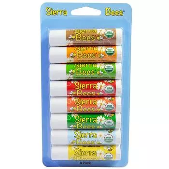 Sierra Organic Lip Balm Combo 8 шт. разноцветных пчел, упаковка, упаковка, .15 унций (4,25 г)