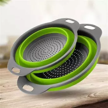Silicone Folding Drain Basket Creative Retractable Silicone Fruit Vegetable Colander Kitchen Storage Gadgets 19.5X24X8.3CM зелёный