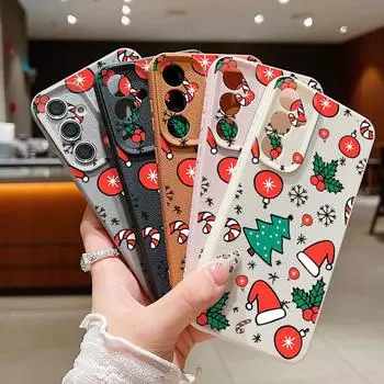 Silicone Soft Cartoon Christmas Hat Shell for Samsung S24 S22 Ultra Plus S23 S21 S20 Fe A55 A54 A53 A52 A35 A15 A16 Leather Lens Protection Cover Samsung S24 чёрный