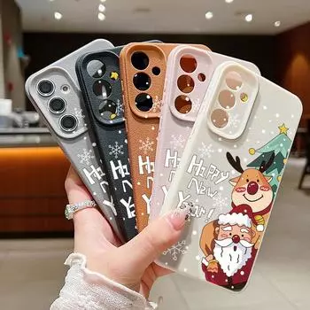 Silicone Soft Santa Claus Elk Shell for Samsung S24 S22 Ultra Plus S23 S21 S20 Fe A55 A54 A53 A52 A35 A15 A16 Leather Texture Lens Protection Cover Samsung S24 чёрный