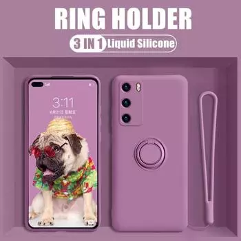 Силиконовый чехол-держатель для кольца для Huawei P50 P40 P30 P20 Lite Mate 40 30 50 70 Honor 20 Pro с ремешком, мягкий жидкий чехол P30 чёрный