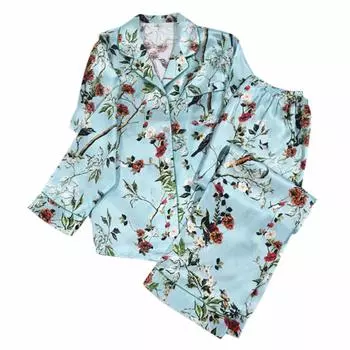 Silk Botanical Flower Long Top and Bottom Set (MAYUDAMA Silk) Pajamas, 100% Silk, Elegant, Romantic, Pattern, Sleeve, Women s, Spring/Autumn, 2-Piece синий
