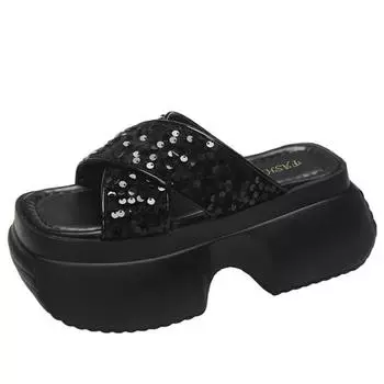 Silver Bling Casual Slippers 8cm Chunky Platform Gladiator Sandals Black Sequin Summer Shoes Women Heels Sandale Ete Femme 2024 34