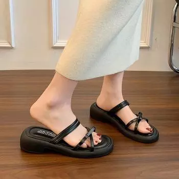 Silver bow slippers women s summer wear new fashion sandals with skirt thick heel cool slippers 35 чёрный