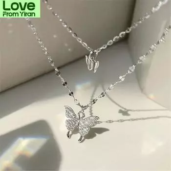 Серебряное блестящее ожерелье в виде бабочки, женское изысканное двухслойное ожерелье с подвеской на ключицу, ювелирные изделия для свадебной вечеринки, подарки