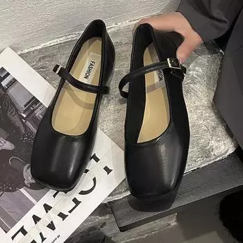 Silver light mouth flat shoes autumn new one-word buckle square head flat heel buckle Mary Jane single shoes 35