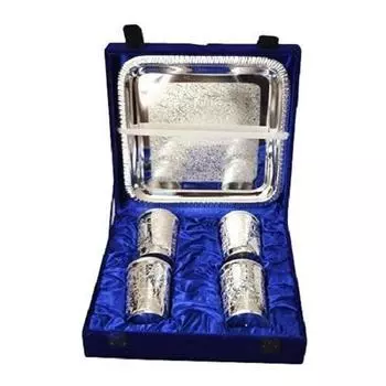 Silver Plated Embossed Glass Tumbler Water Glass for Drinking Water | Pack of 5 | Royal Look Red Velvet Box | Best for Gifting in Any Occasion