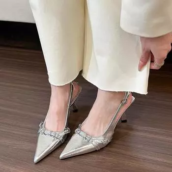 Silver pointed sandals women s back empty spring and summer 2024 bag head light mouth stiletto high heels 34 серебряный