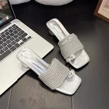Silver rhinestone high-heeled slippers for women s summer wear new temperament high-end thick-heeled square head cover toe cool slippers 35