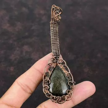 Silver Sheen Obsidian Pendant Copper Wire Wrapped Pendant Guitar Pendant Real Gemstone Copper Jewelry Handmade Wrapped Jewelry Gift For Her