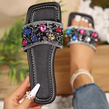Silver Shiny Slippers Female Summer Wear Out Coarse Heel Color Everything Fashion Rhinestone Sandals Flat Women s Shoes Size 43 36 чёрный