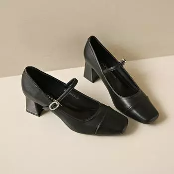 Silver square head temperament medium heel Mary Jane shoes autumn new buckle fashion small leather shoes women s fashion single shoes 35