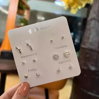 Silver Sterling Silver 6 Pairs Storage Ear Studs Earrings for Women New Arrival Dignified Sense of Design Suit Combination Student Minimalist Small Suit 2