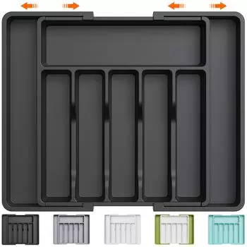 Silverware Drawer Organizer, Expandable Utensil Tray BPA Free Cutlery Holder, Adjustable Plastic Storage for Spoons Forks Knives чёрный