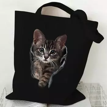 Симпатичная сумка с рисунком кота, женская сумка-тоут, холщовая сумка, винтажная сумка на плечо, сумка для покупок в стиле Харадзюку, сумка для покупок в стиле хип-хоп с мультяшными 3D-кошками