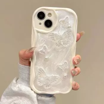 Симпатичный чехол для телефона в корейском стиле с лазерной бабочкой и жемчугом для iPhone 15 14 11 13 Pro Max 12, противоударный бампер с волнистой рамкой, задняя крышка iPhone 15Pro