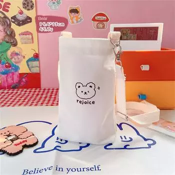Simple Cartoon Portable Water Cup Sleeve Adjustable Shoulder Crossbody Canvas Water Cup Bag Travel Outdoor Cup Accessory