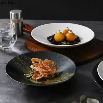 Simple Ceramic Dinner Plates Pasta Sushi Steak Plate Dessert Tray Creative Restaurant Round Solid Color Tableware Cooking Dishes