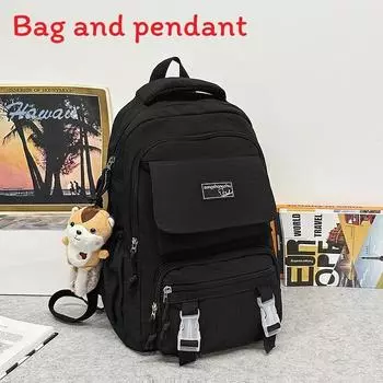 Simple Color Solid Checkered Texture Student Backpack With Plush Pendant