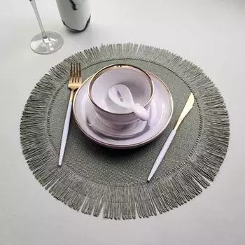 Simple Linen Round Table Mat Placemat Heat Insulation Non-slip Mat зелёный