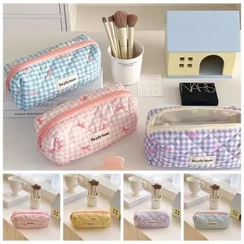 Simple Plaid Bow Storage Bag Soft Makeup Bag School Supplie Plaid Pencil Case Student красный