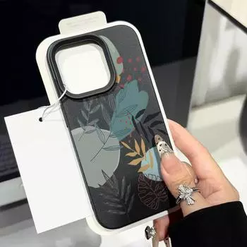 Simple Plant Pattern Matte Slim Phone Case For iPhone 16 Pro Max 15 Pro 14 13 12 11 Leather Texture Shockproof TPU Soft Bumper Cover iPhone 16 чёрный