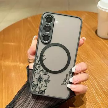 Simple Rose Floral Print Matte Magnetic Case For Samsung S24 FE S23 S22 Ultra S21 A55 A54 A35 A15 A34 Clear Slim Shockproof for MagSafe Phone Cover Samsung S24 чёрный