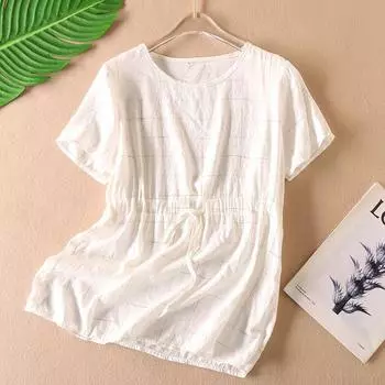 Simple Slimming Easiest for Match Summer White round Neck Print Short-Sleeved T-shirt Female Shoelace Figure Flattering Belly-Covering Tops A72 Khakis XL