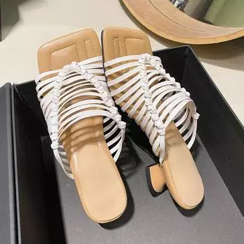 Simple Woven Sandals Summer New Square Head Thin with Hollow Breathable Slip-on Thick Heel Slippers 34 абрикосовый
