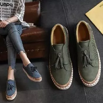 Single shoes women s 2025 spring new large size thick-soled tassel solid color light mouth casual sports shoes 36 чёрный