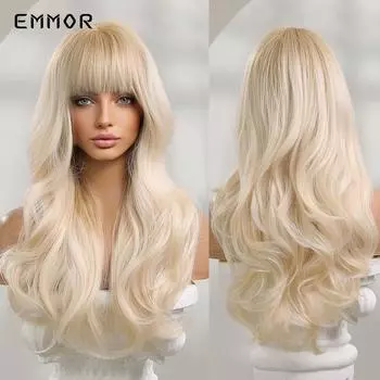 Синтетические платиновые парики Ombre Blonde, длинный волнистый парик для женщин с челкой, вечерние повседневные термостойкие волокна, парики из волос